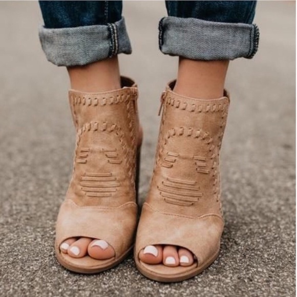 TAN DISTRESS PEEP-TOES BOOTIES - Picture 3 of 8